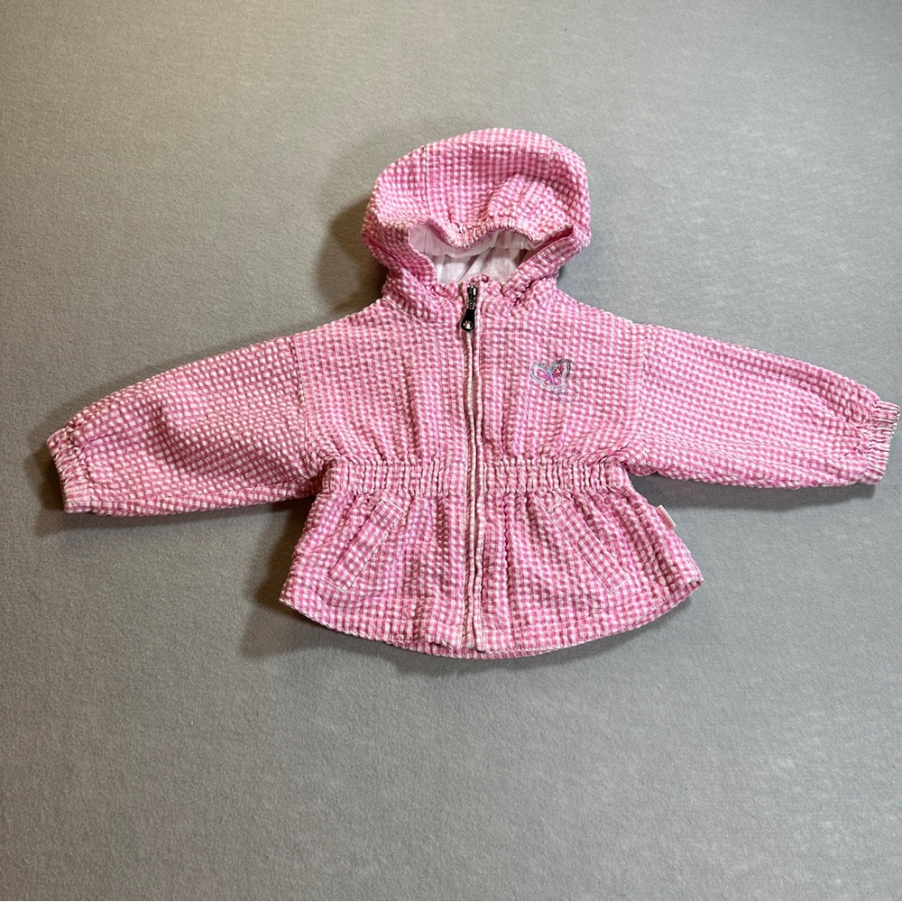 Vintage OshKosh Baby‎ Girls Pink Check Butterfly Hooded Zip Jacket 3–6 Months
